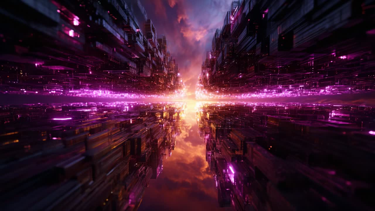 A breathtaking view of a futuristic landscape depicting sleek, towering structures illuminated in vibrant shades of purple, with a glowing horizon that blends seamlessly into the surreal sky at dusk