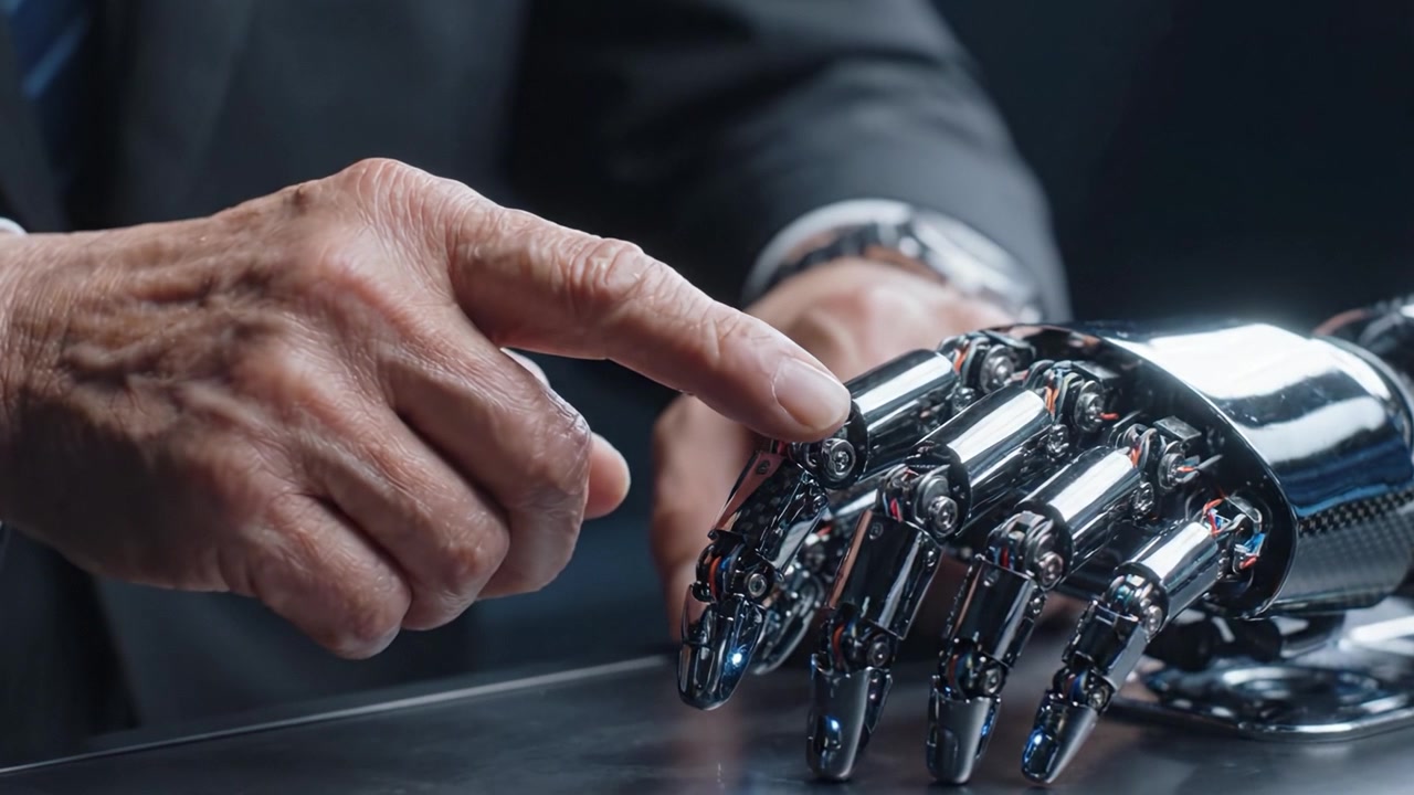 A Close-Up Examination of a Futuristic Robotic Hand in a Corporate Setting, Showcasing Advanced Technology and Human Interaction with Automation