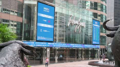 professionals and pedestrians walk past a moving screen showing negative stock ticker symbols at exchange square, home to the hong kong stock exchange (hkex), in hong kong's financial district.