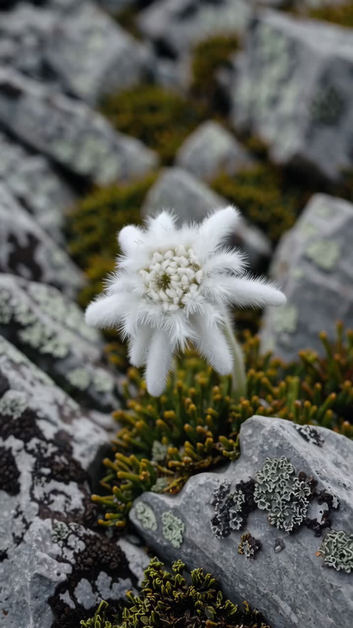 Close-up of a White Edelweiss Flower Blooming in Rocky Mountain Terrain
