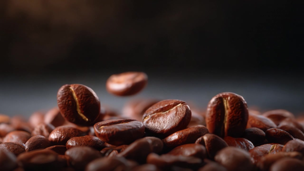 Flydende og malede kaffebønner: En nærbilledes udforskning af de rige farver, teksturer og former af kaffebønner i forskellige tilstande i en kunstnerisk præsentation.