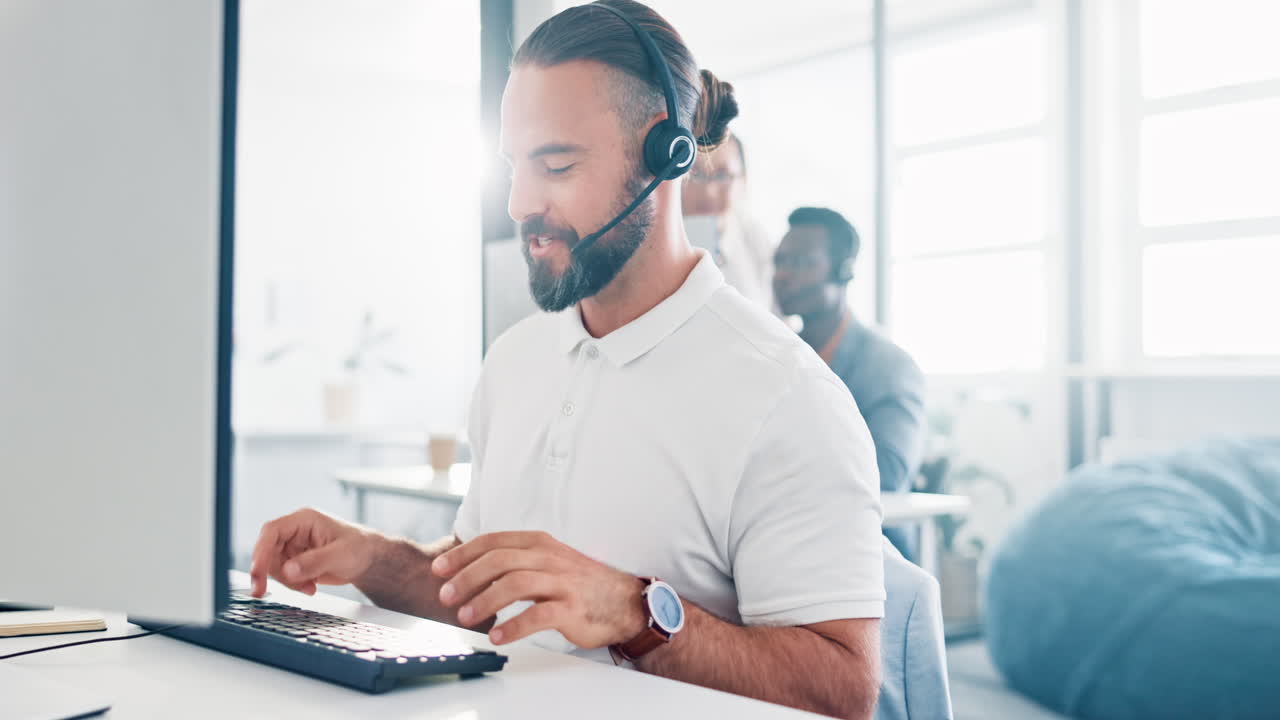 Call center, computer and business man smile