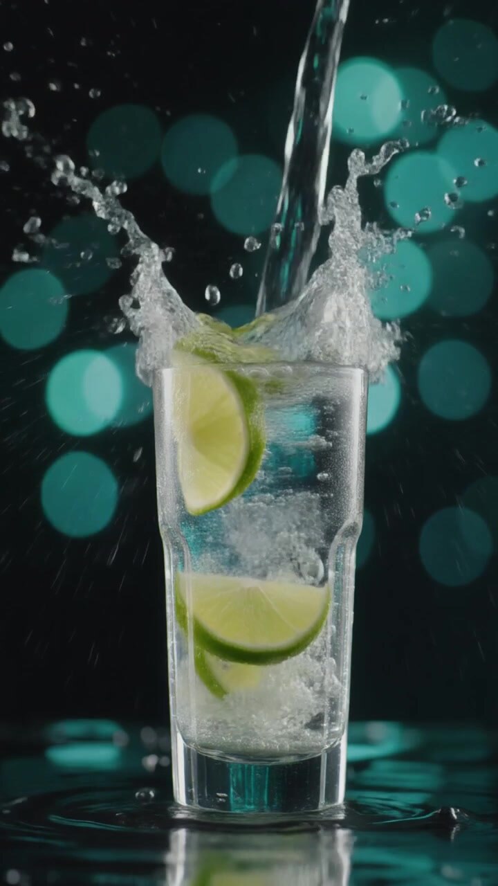 Acqua frizzante versata in un bicchiere con fette di lime
