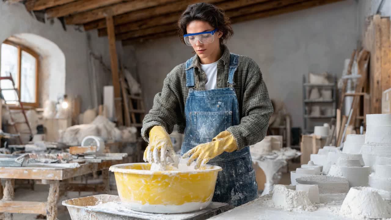 Artisan Craftsman in Workshop: A Skilled Pottery Maker Carefully Prepares Clay Mixture in a Professional Studio Environment