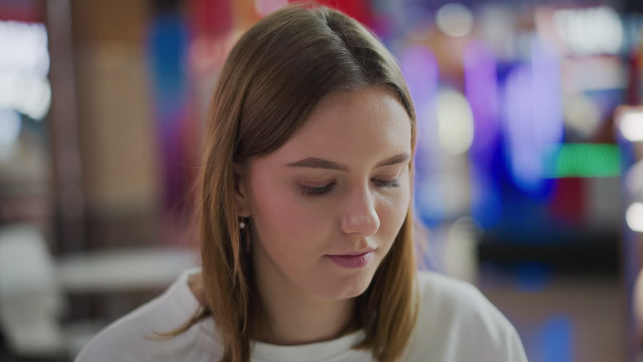 mujer sentada en el centro comercial leyendo un libro amarillo con taza de café y bolsas de compras de colores en la mesa, rodeada de iluminación suave, decoración vibrante parpadeando en el fondo