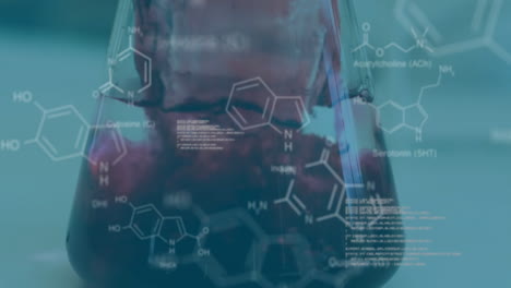 animación de la fórmula química y el procesamiento de datos sobre el científico caucásico haciendo un experimento