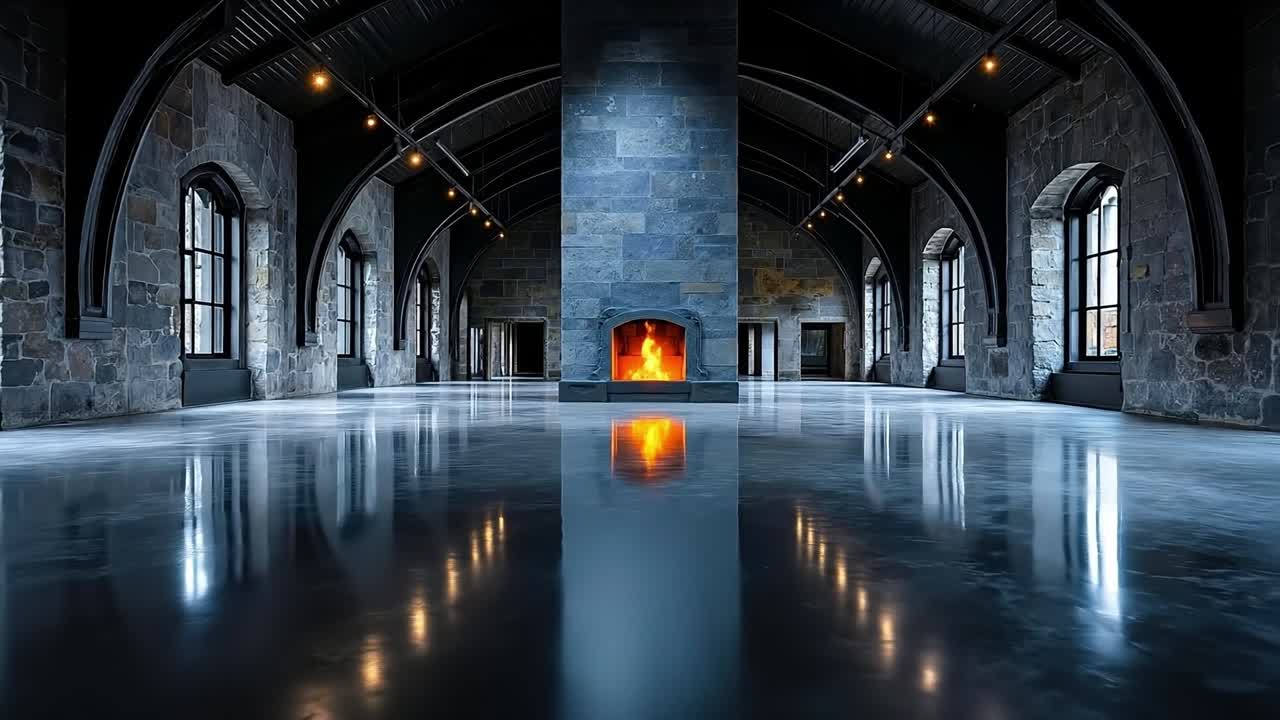 A large room with a fire place in the middle of it