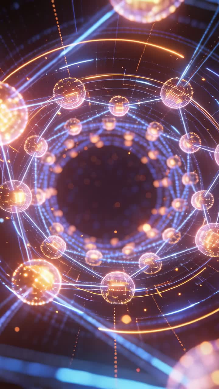 Rete ad anello a spirale che avanza con la telecamera che zooma, visualizzando nodi pulsanti e flusso di dati.