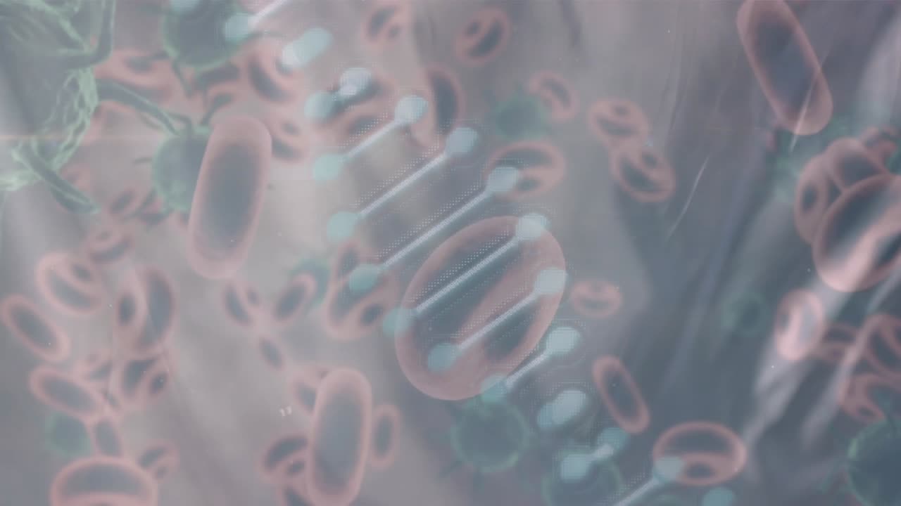 Animação de fita de DNA sobre células sanguíneas e de vírus