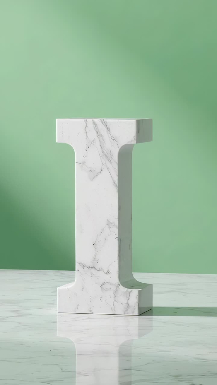 Vertical video: Camera rising showing marble letter I exiting view on tabletop, with green backdrop