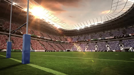 in school, animation showing sunlit rugby stadium with empty stands and green field