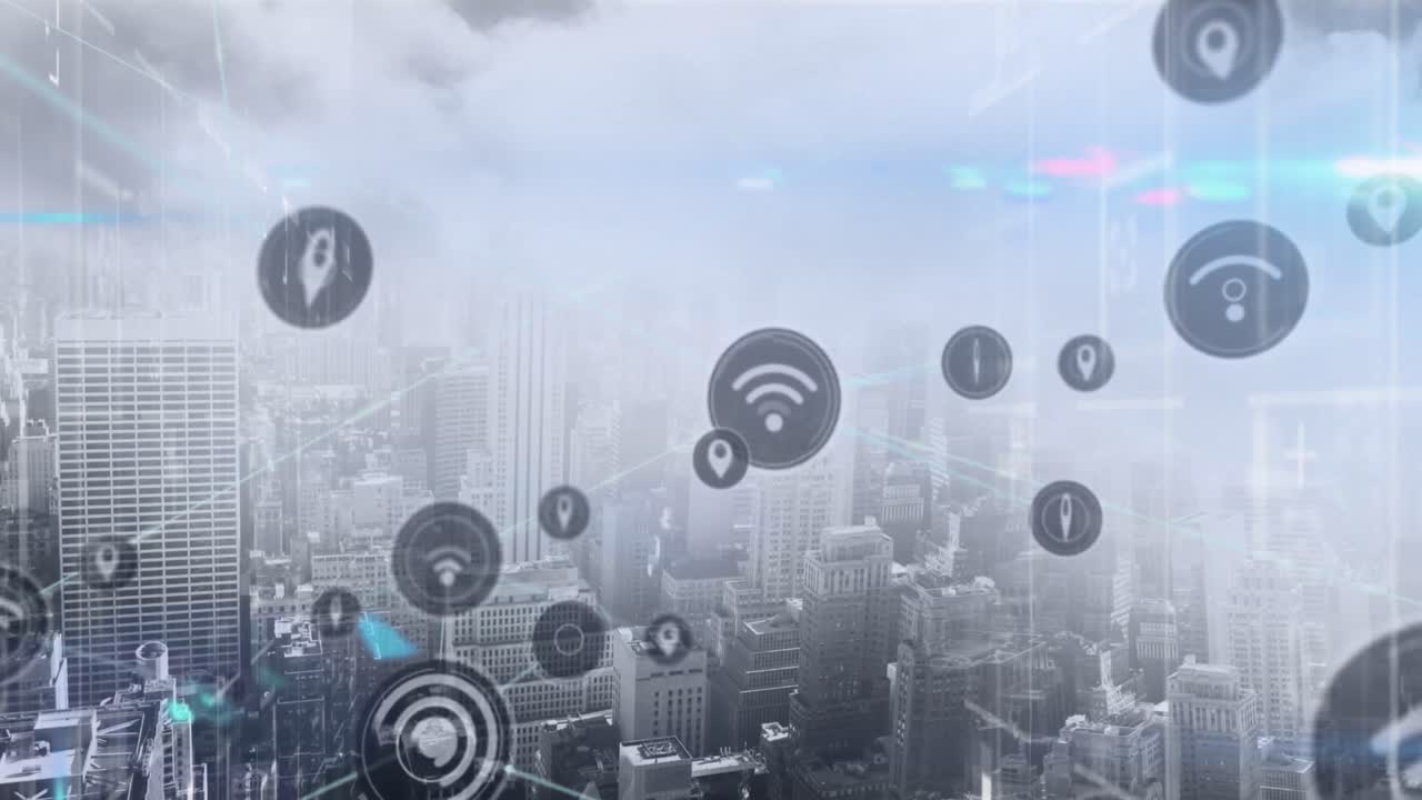 animaciones de la red de conexiones con iconos sobre el procesamiento de datos en el paisaje urbano