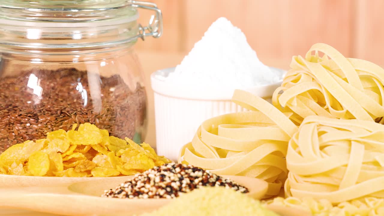 A variety of grains and pasta arranged in a bright, well-lit setting, showcasing diverse textures and colors