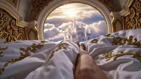 feet in bed, view of a castle in the clouds