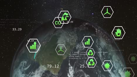 Animation of network of eco and environmentally friendly icons over globe