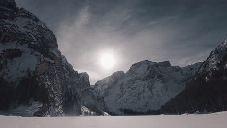 frozen lake braies covered in snow, dolomites in winter, time lapse