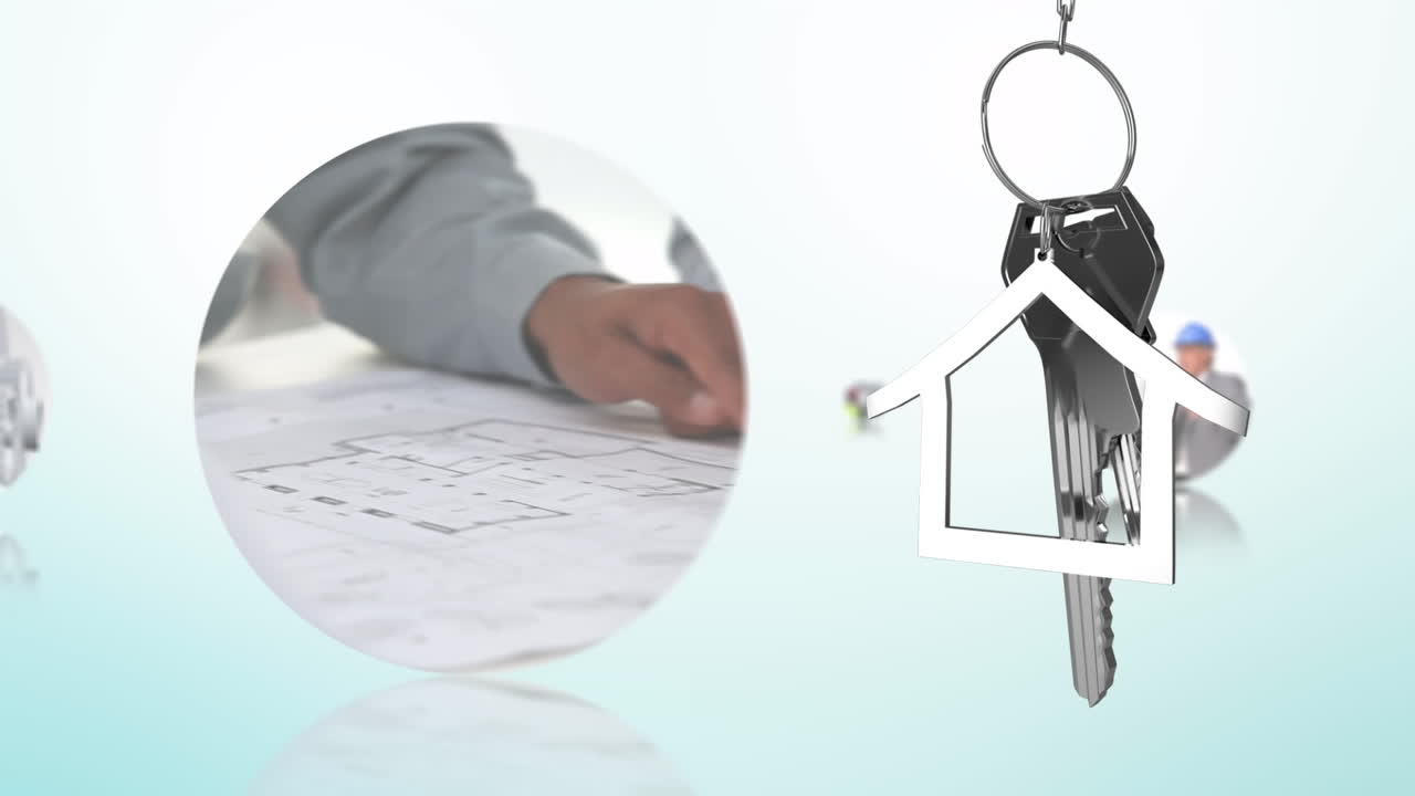 파란색 배경에 대한 건축 데이터 처리에 대한 집 열를 매달린 애니메이션