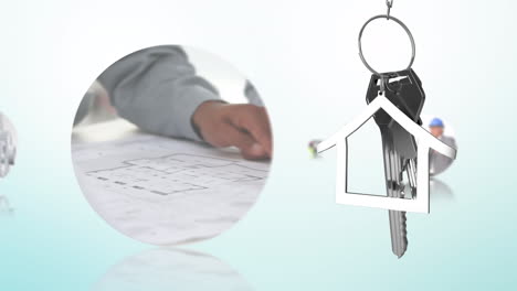 animación de llaves de casas colgantes contra el procesamiento de datos arquitectónicos contra fondo azul