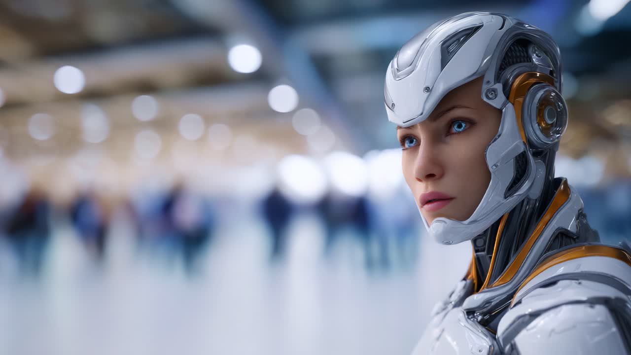 Un robot umanoide futuristico con sorprendenti occhi azzurri e un design elegante si erge in un ambiente sfocato, mettendo in mostra tecnologia avanzata e caratteristiche umane.