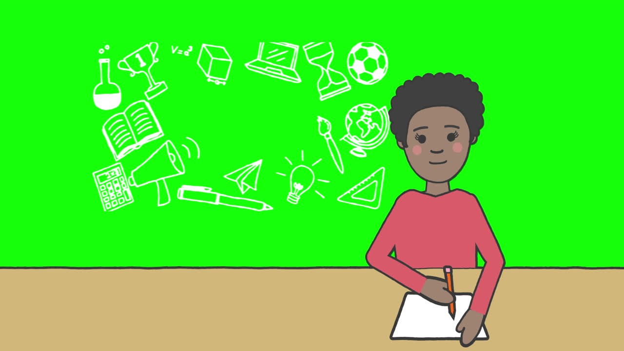 Animation of schoolgirl taking notes over school items icons on green background