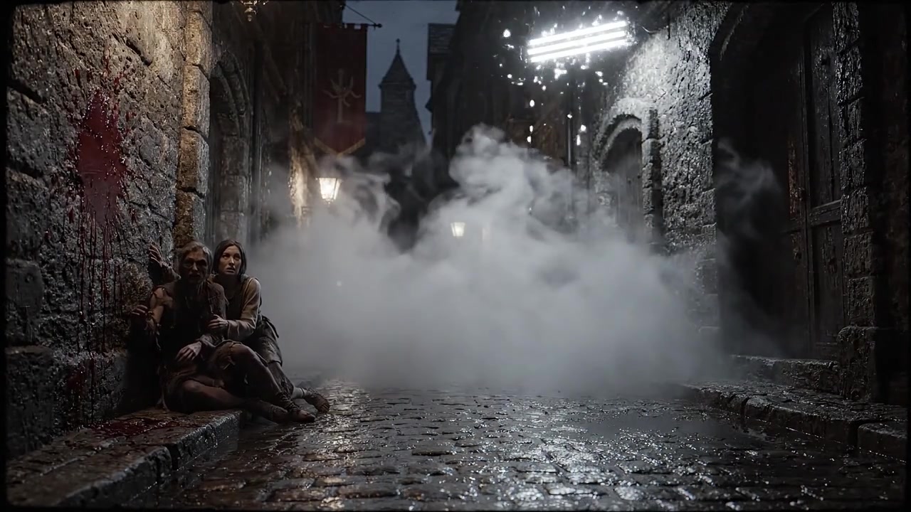 Een donkere, sfeervolle steegscène met mist, lantaarns en twee figuren in nood, die een mysterieuze en beklijvende sfeer oproept in een middeleeuwse setting.