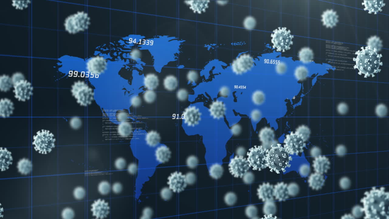 코로나바이러스 세포를 떠다니는 데이터 처리 애니메이션