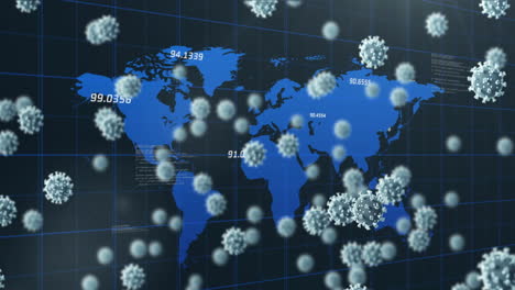 animación del procesamiento de datos sobre células de coronavirus flotantes