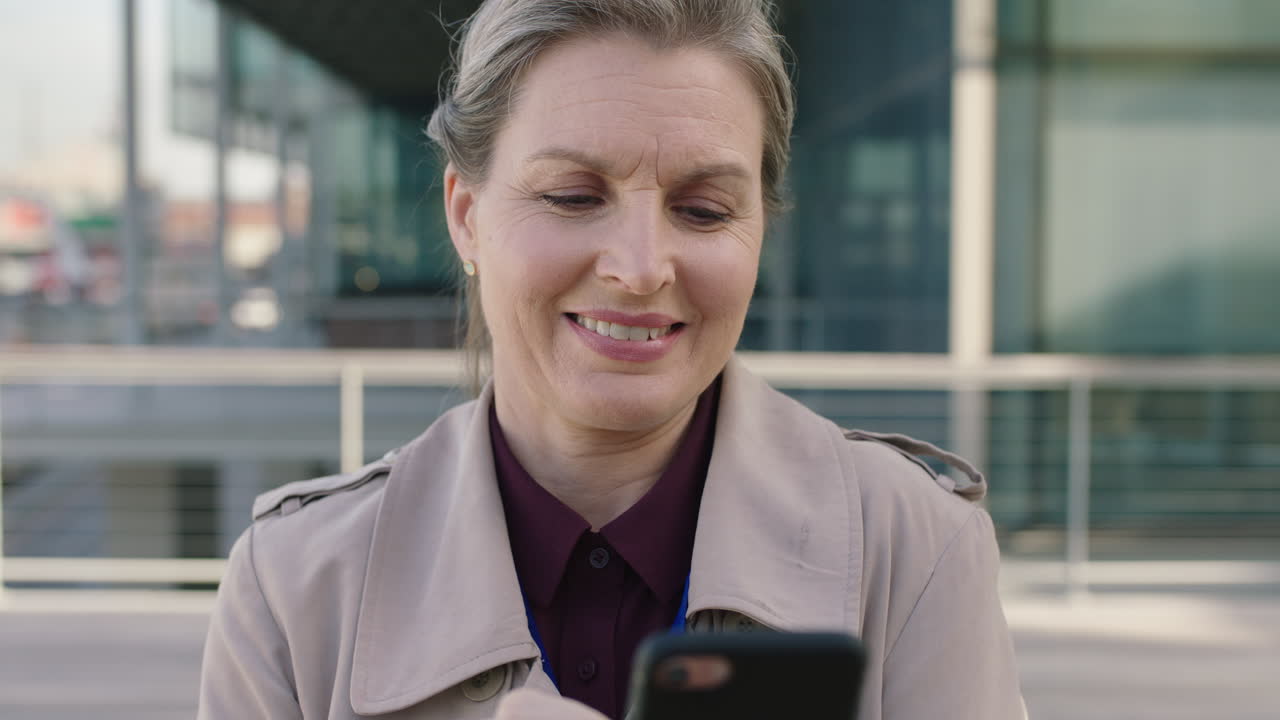 retrato de una mujer de negocios sénior sonriendo feliz disfrutando usando un teléfono inteligente enviando mensajes de texto navegando por los mensajes de las redes sociales en el fondo urbano
