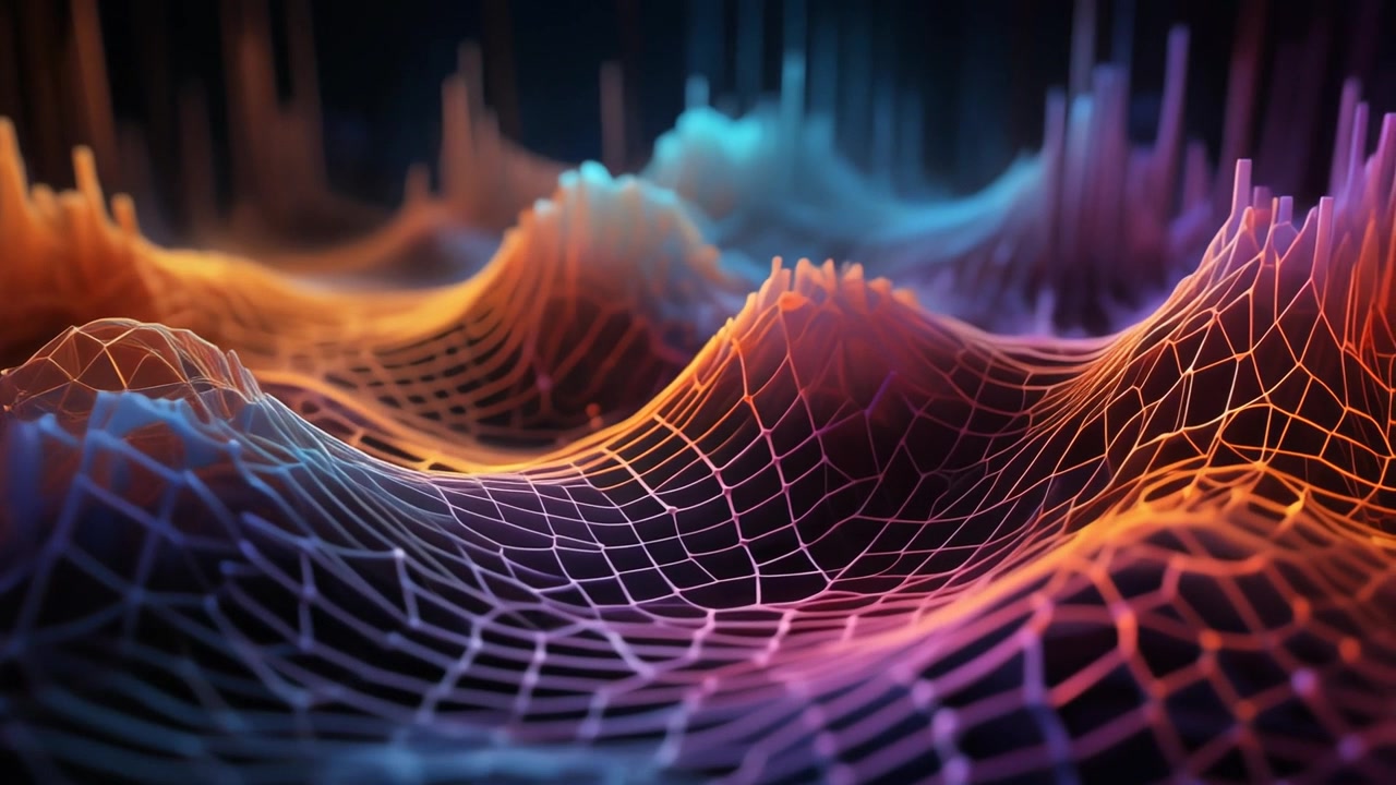 Abstract Digital Landscape with Glowing Wireframe Mesh and Data Waves