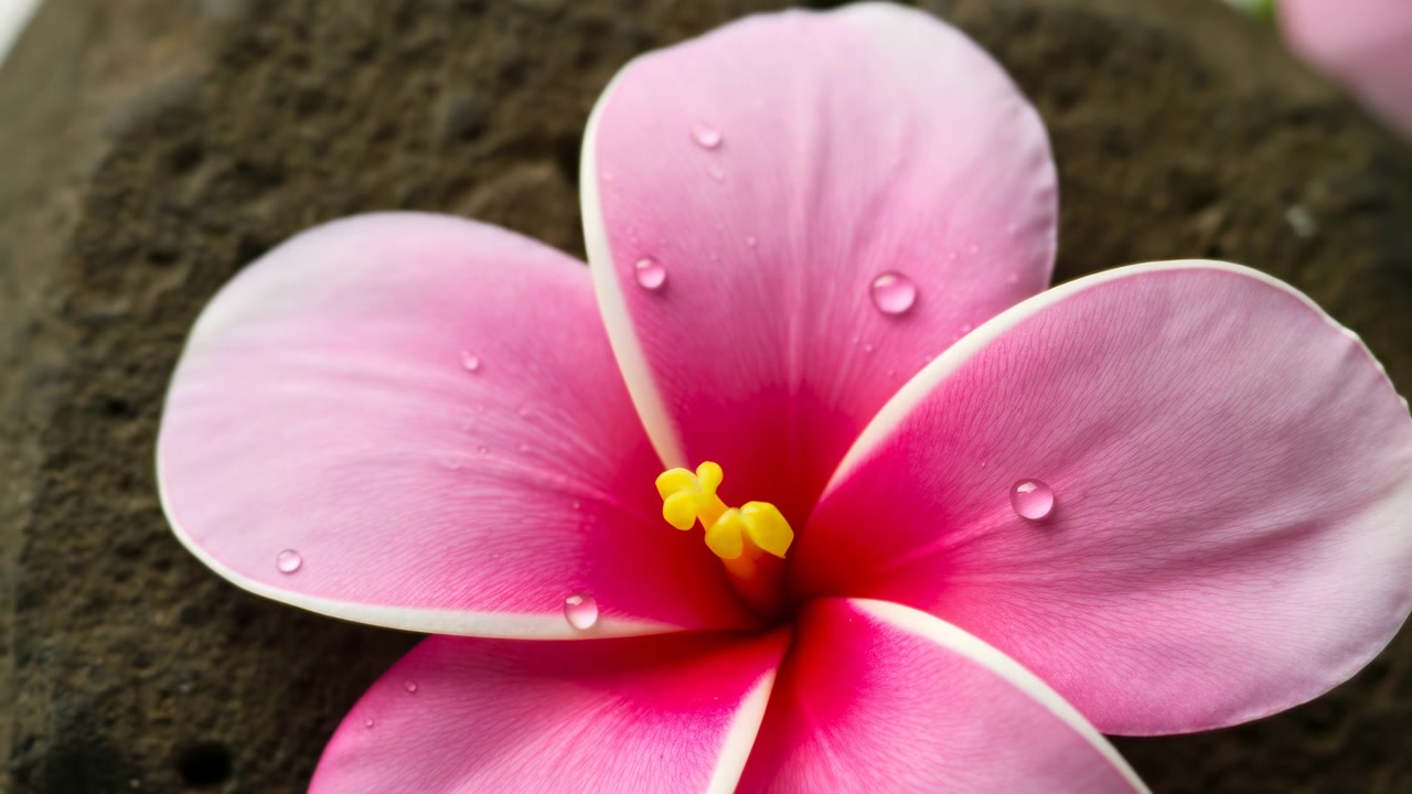 Vista macro ravvicinata di un fiore di plumeria rosa con petali bordati di pallido, gola magenta intenso, grappolo di pistilli giallo brillante, goccioline d'acqua e illuminazione soffusa che creano una fresca bellezza tropicale, con la plumeria.