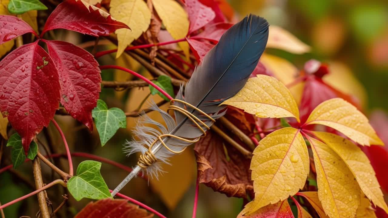 A Captivating Contrast of Nature: A Beautifully Crafted Feather Among Vibrant Autumn Leaves in a Lush Background, Showcasing the Harmony of Colors and Textures