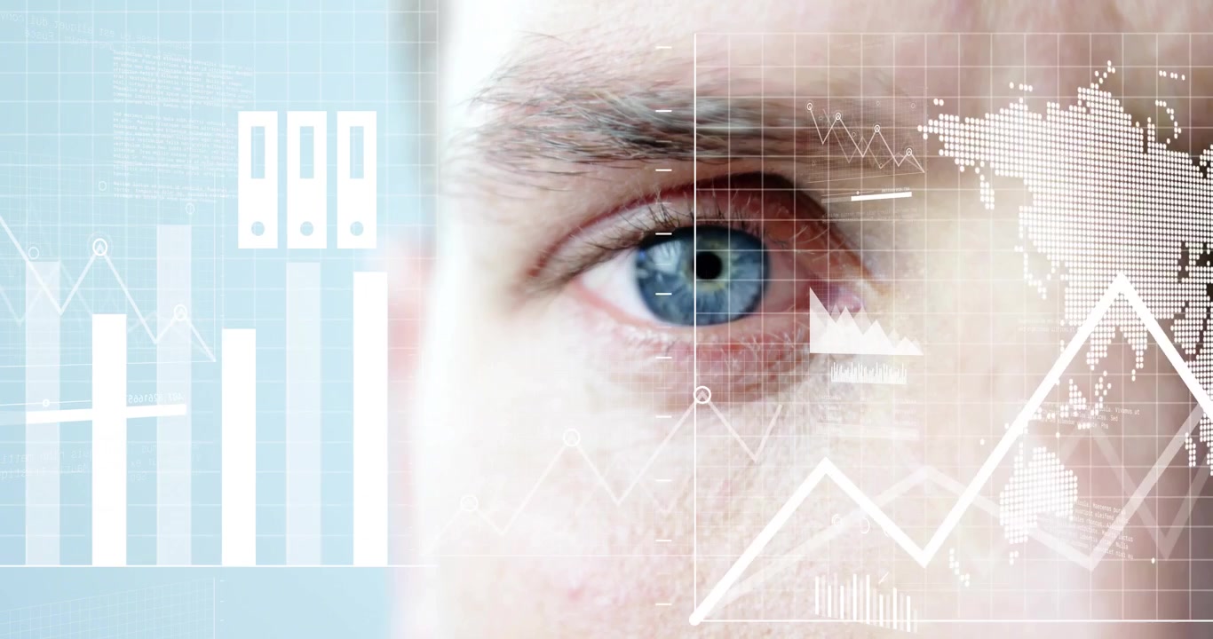 Adult male showing right eye pale blue, cloud icon appearing and animating analytics HUD on iris