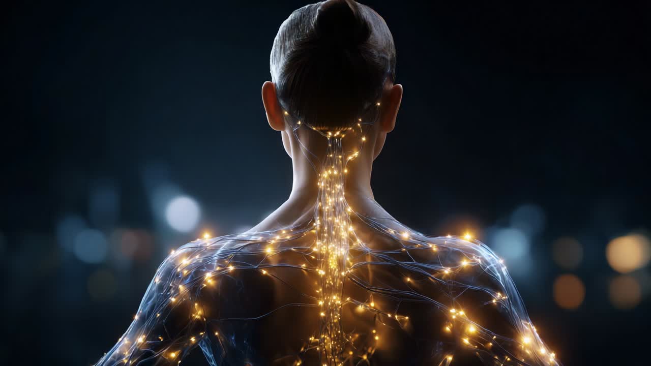 A mesmerizing visual representation of human anatomy illuminated by cascading lights, showing intricate neural pathways and connections glowing vividly, creating a stunning contrast against a dark background