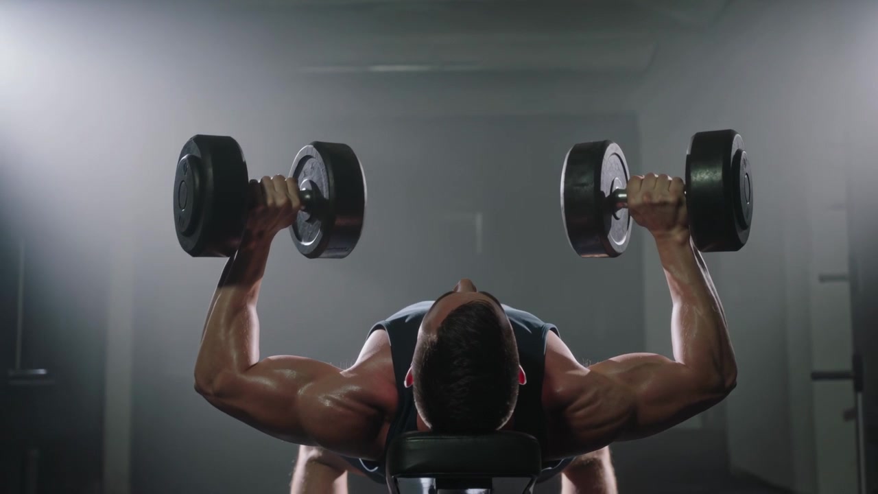 Lowering man wearing tank from top, performing chest press on gym bench with dumbbells for strength