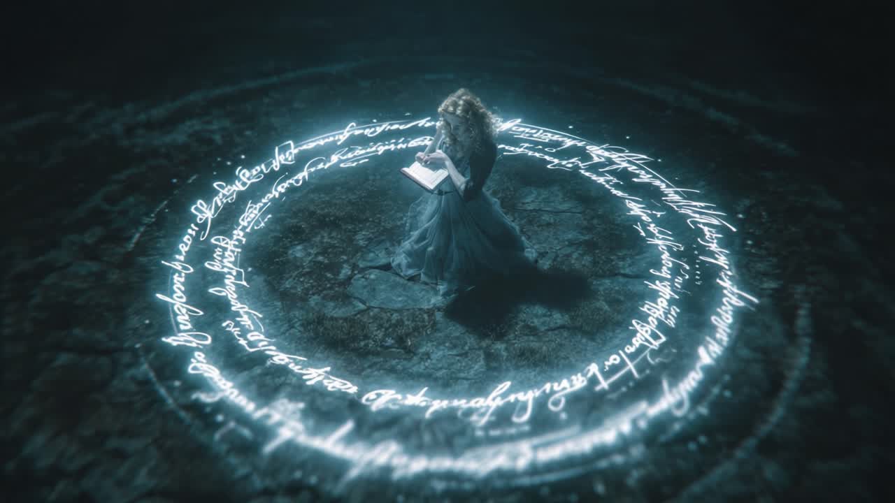 A Mysterious Sorceress Engaged in Enchantment: A Captivating Scene of Dark Magic and Ancient Script Illuminated by Ethereal Light