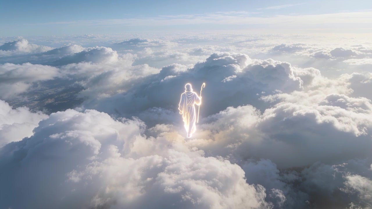 Uomo vestito con una tunica che inizia a camminare verso l'orizzonte su una piattaforma di nuvole, con un bastone ricurvo e un'illuminazione ad alone che illumina le nuvole.