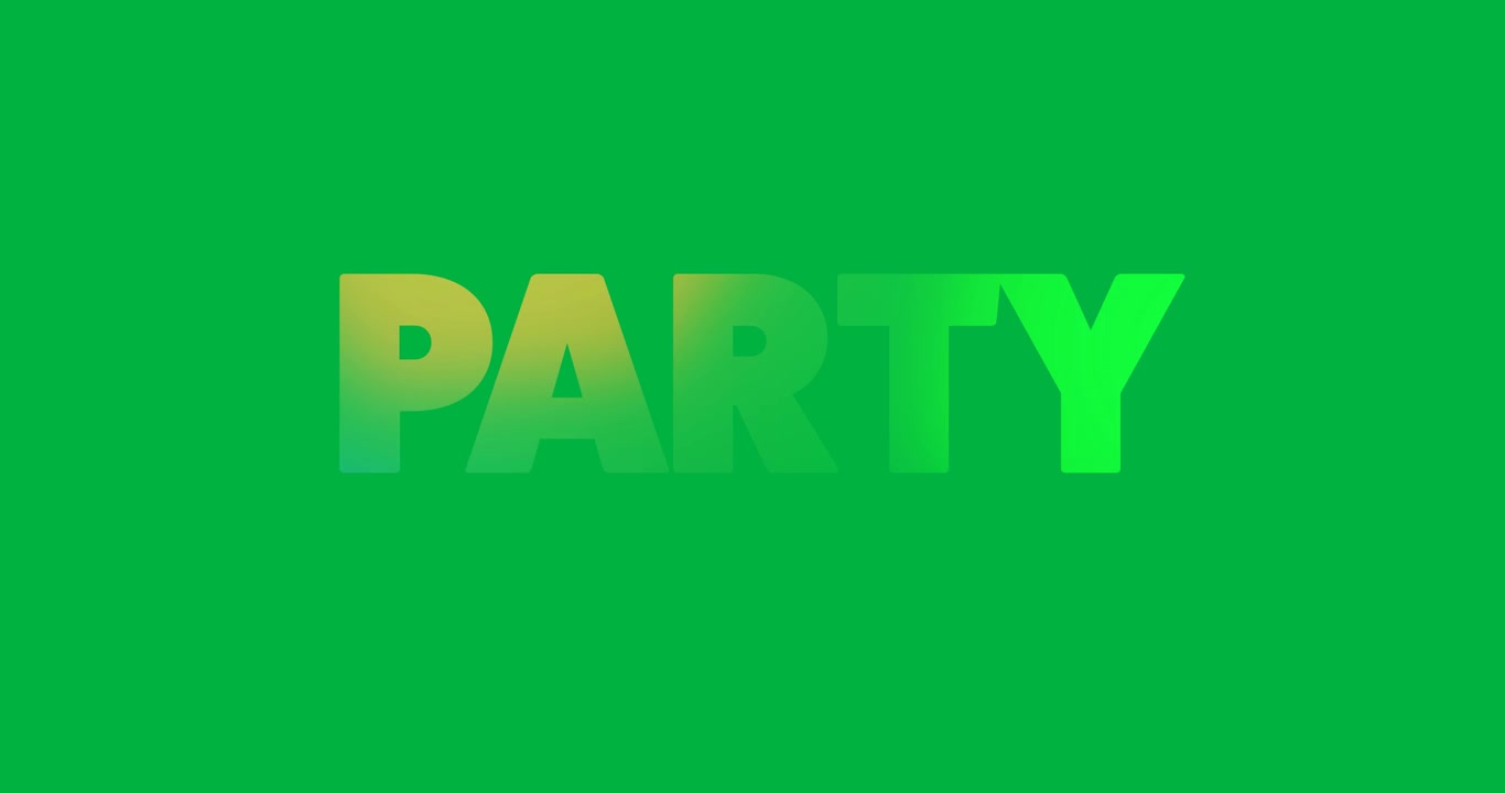 Animazione di testo "party" giallo e blu su sfondo nero