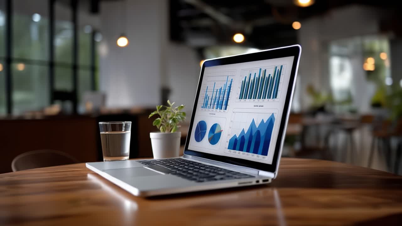 Moderne arbeidsplass med bærbar PC som viser datavisualiseringer og forretningsanalysediagrammer, og en plante på bordet, omgitt av stemningsfull belysning og grønne planter.