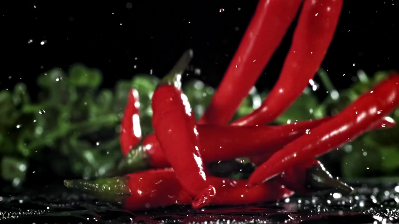 Fresh Red Chili Peppers Splashing Water in Slow Motion