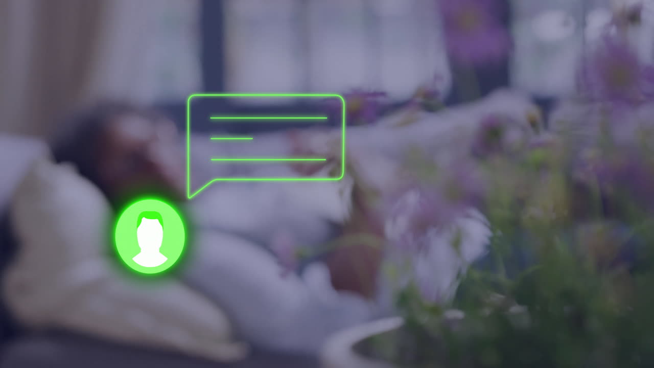 Person relaxing on couch with chat notification animation over blurred background