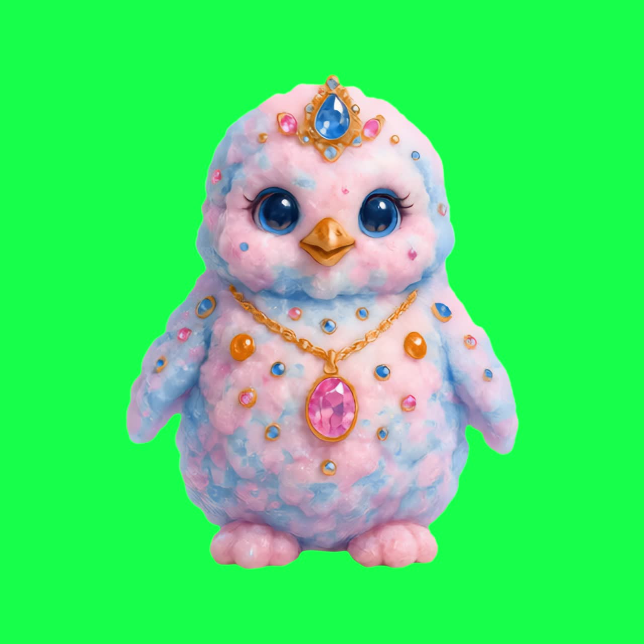 Colorful jeweled toy bird animation, transparent 4K video, green screen