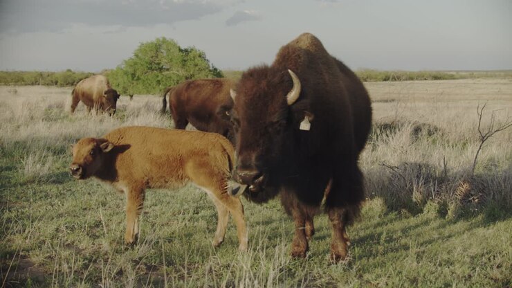 Famiglia di bisonti in piedi in un campo