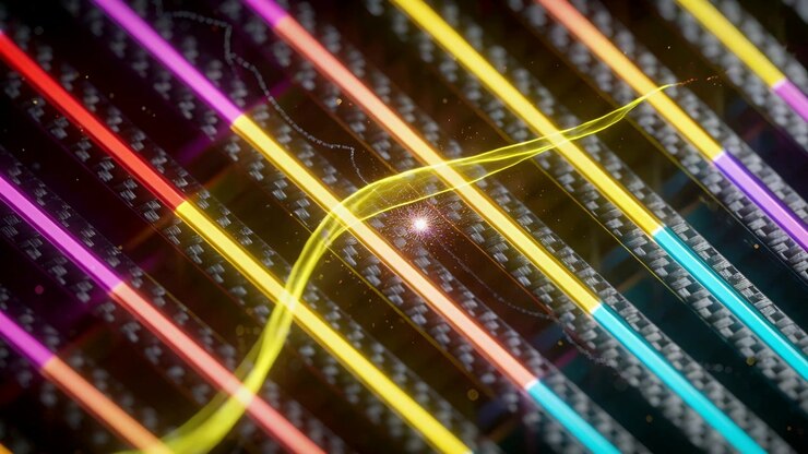Yellow trace sweeping across cyan, magenta and red diagonal bands on dark surface, AI-generated