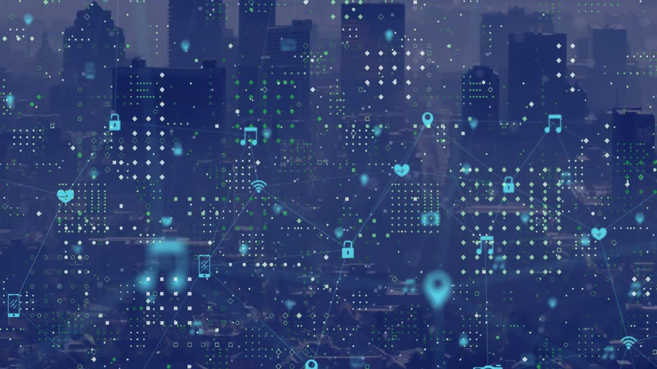 디지털 아이콘과 점 패턴의 네트워크의 애니메이션 도시 풍경의 공중 전망에 대해