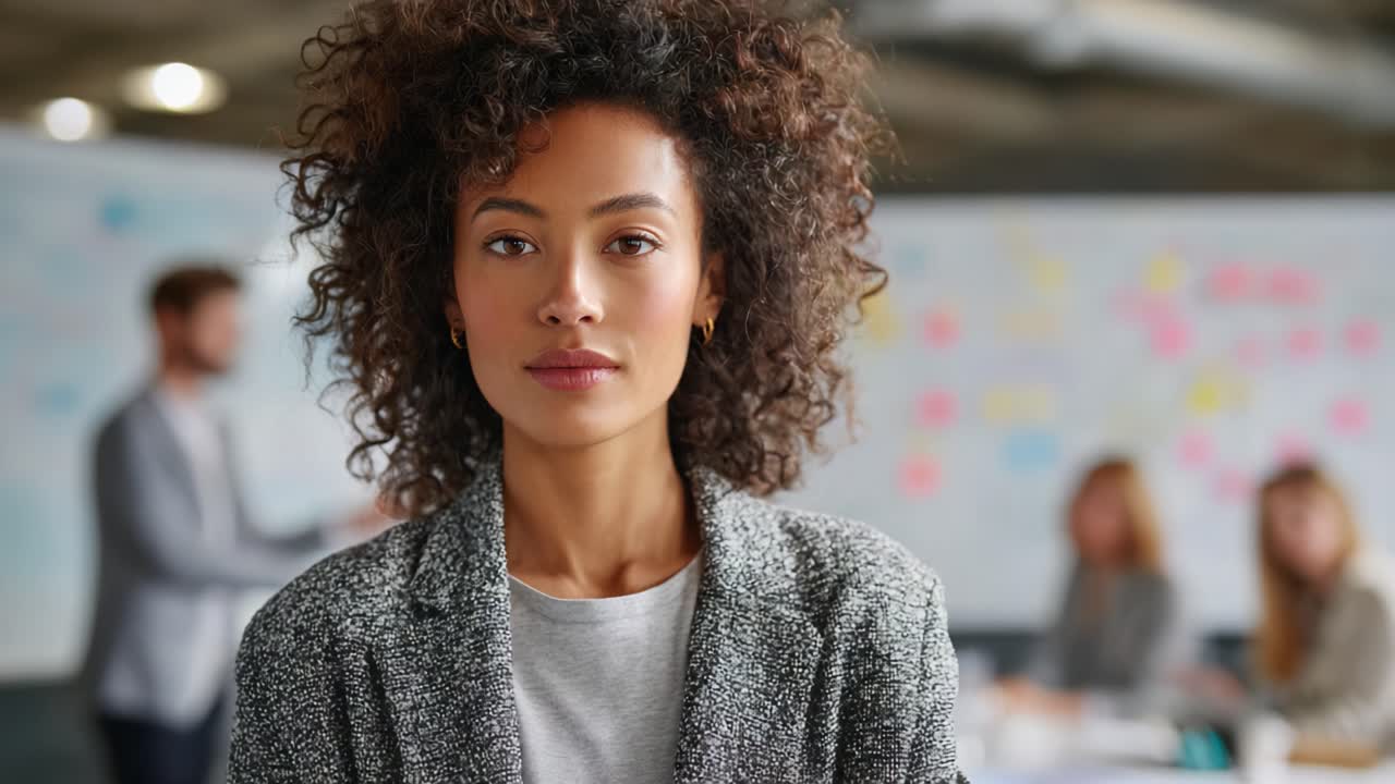 A Confident Young Woman with Curly Hair Poses for the Camera in a Bright, Modern Workspace, Highlighting Team Collaboration and Professionalism