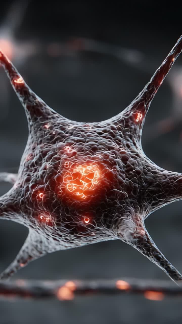 Primo piano dettagliato di un neurone con elettroni luminosi: esplorare le complessità delle interazioni neurali e la bellezza della struttura cellulare nel sistema nervoso
