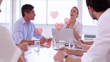 Animation-of-businesswomen-handshake-over-meeting