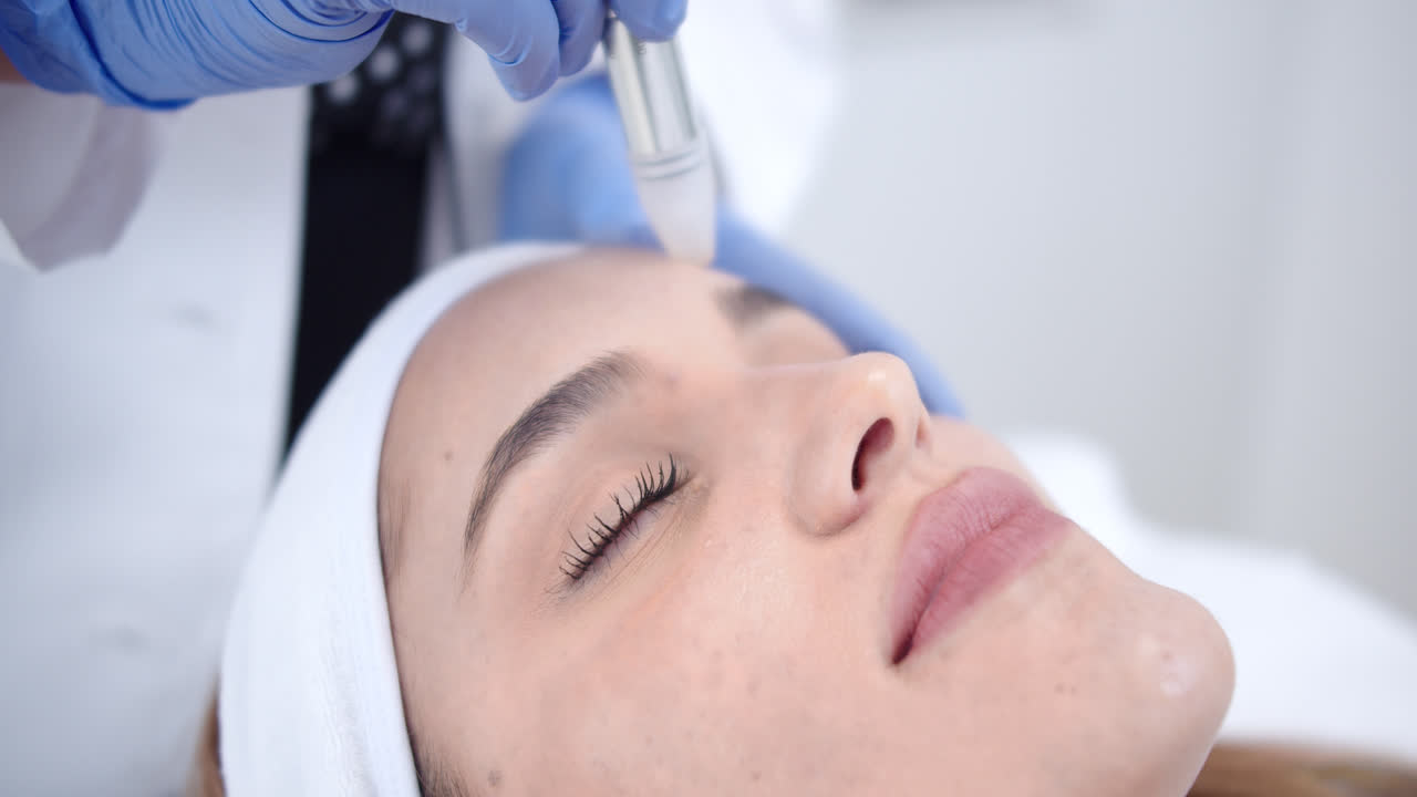 Beautiful slow motion close-up profile shot of a beautiful young woman's face while a dermatology doctor massages her face with a device inside her clinic.