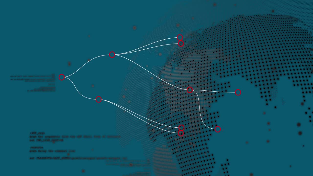 지구상에서 연결된 애니메이션과 녹색 바탕에 있는 데이터