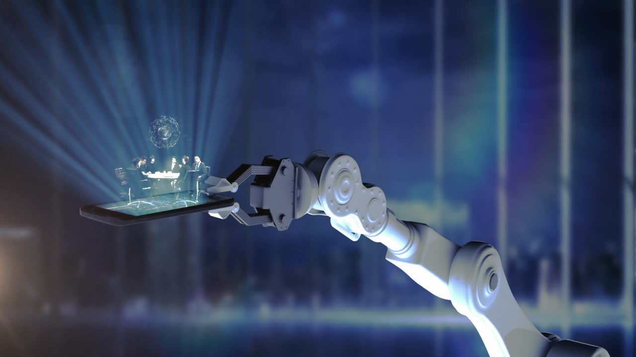 animación del brazo robótico con tableta y procesamiento de datos sobre el paisaje urbano.